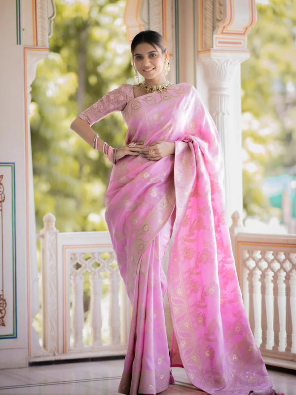 Panache Baby Pink Pink Soft Silk Saree With Snazzy Blouse Piece - Shop authentic Indian Women's Fashion by Silk Folks