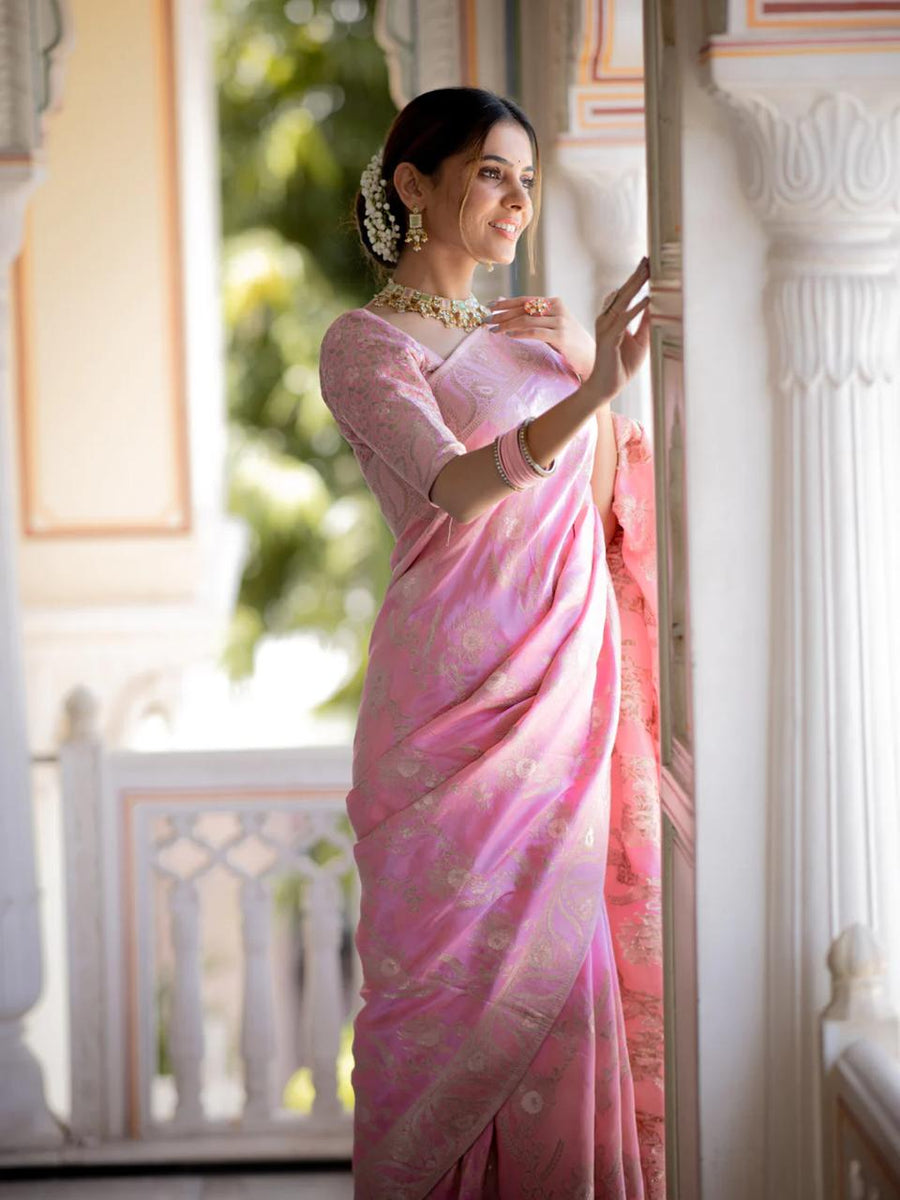 Panache Baby Pink Pink Soft Silk Saree With Snazzy Blouse Piece - Shop authentic Indian Women's Fashion by Silk Folks