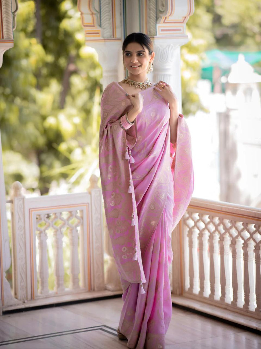 Panache Baby Pink Pink Soft Silk Saree With Snazzy Blouse Piece - Shop authentic Indian Women's Fashion by Silk Folks