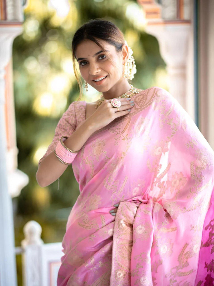 Panache Baby Pink Pink Soft Silk Saree With Snazzy Blouse Piece - Shop authentic Indian Women's Fashion by Silk Folks