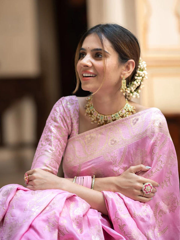 Panache Baby Pink Pink Soft Silk Saree With Snazzy Blouse Piece - Shop authentic Indian Women's Fashion by Silk Folks