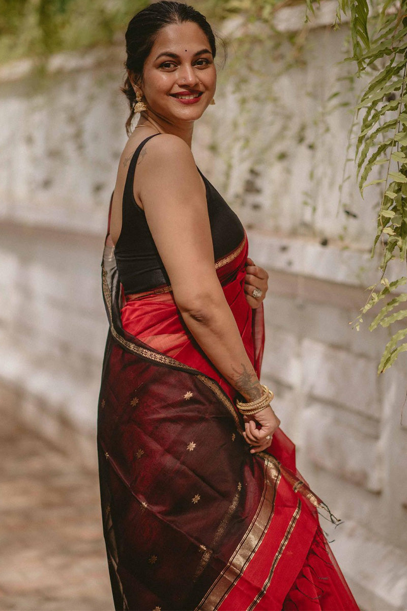 Stunning Red Cotton Silk Saree With Lagniappe Blouse Piece - Shop authentic Indian Women's Fashion by Silk Folks