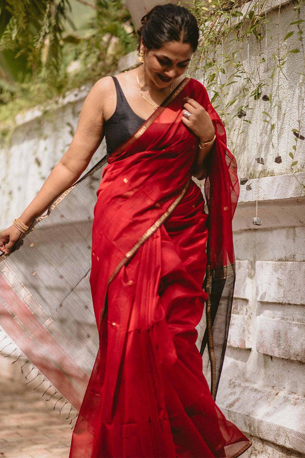 Stunning Red Cotton Silk Saree With Lagniappe Blouse Piece - Shop authentic Indian Women's Fashion by Silk Folks