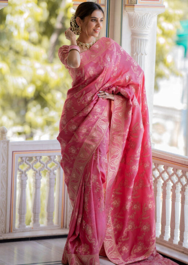Flattering Pink Soft Silk Saree With Innovative Blouse Piece - Shop authentic Indian Women's Fashion by Silk Folks
