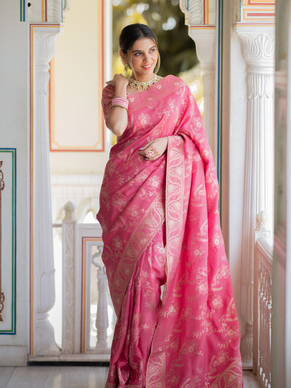 Flattering Pink Soft Silk Saree With Innovative Blouse Piece - Shop authentic Indian Women's Fashion by Silk Folks
