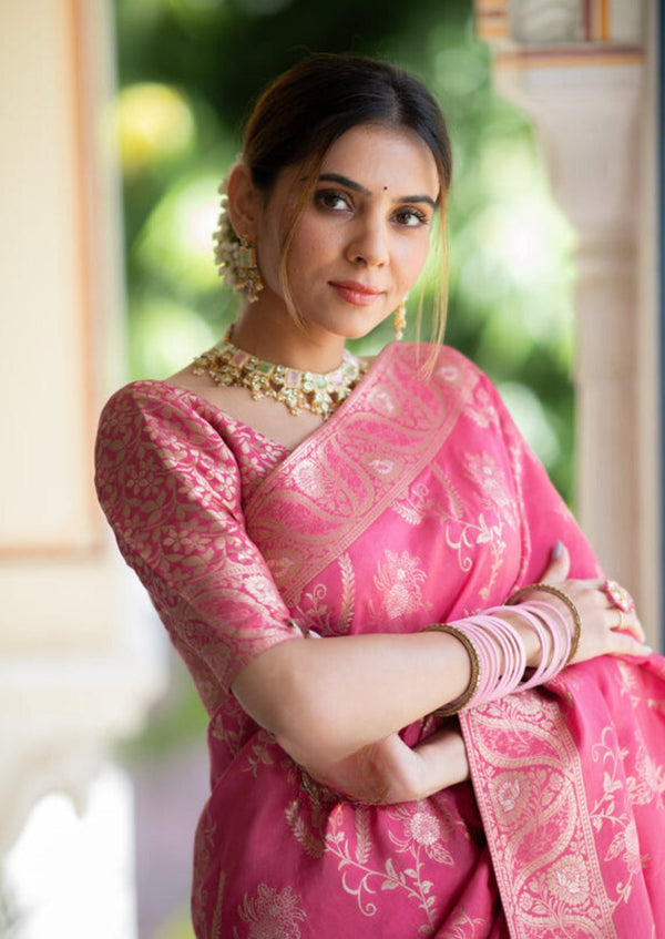 Flattering Pink Soft Silk Saree With Innovative Blouse Piece - Shop authentic Indian Women's Fashion by Silk Folks