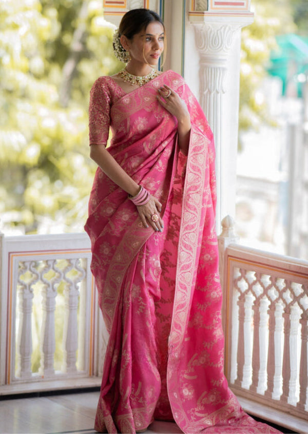 Flattering Pink Soft Silk Saree With Innovative Blouse Piece - Shop authentic Indian Women's Fashion by Silk Folks