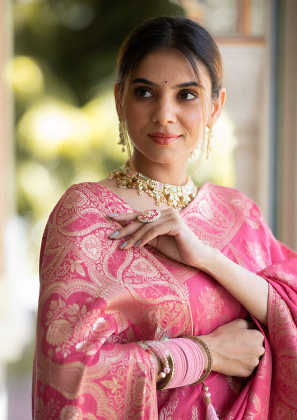 Flattering Pink Soft Silk Saree With Innovative Blouse Piece - Shop authentic Indian Women's Fashion by Silk Folks