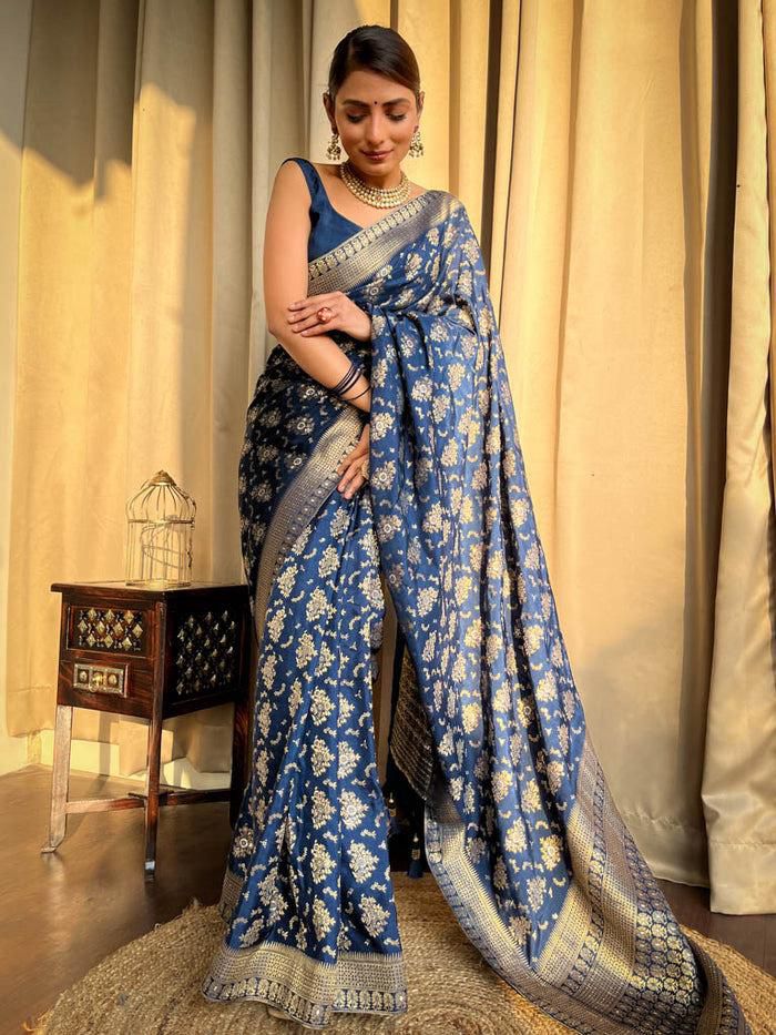 Opulent Navy Blue Soft Silk Saree With Radiant Blouse Piece - Shop authentic Indian Women's Fashion by Silk Folks