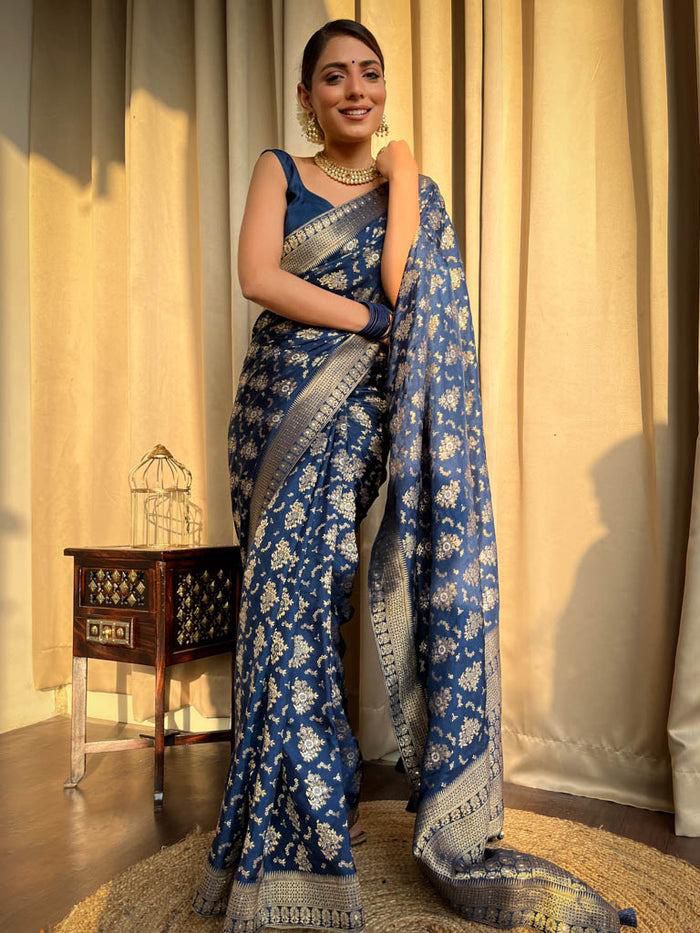Opulent Navy Blue Soft Silk Saree With Radiant Blouse Piece - Shop authentic Indian Women's Fashion by Silk Folks