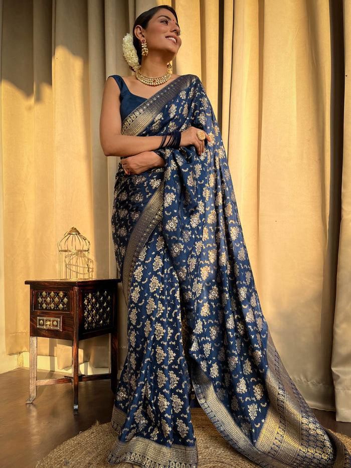 Opulent Navy Blue Soft Silk Saree With Radiant Blouse Piece - Shop authentic Indian Women's Fashion by Silk Folks