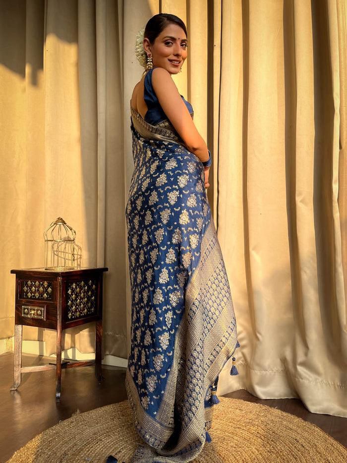 Opulent Navy Blue Soft Silk Saree With Radiant Blouse Piece - Shop authentic Indian Women's Fashion by Silk Folks