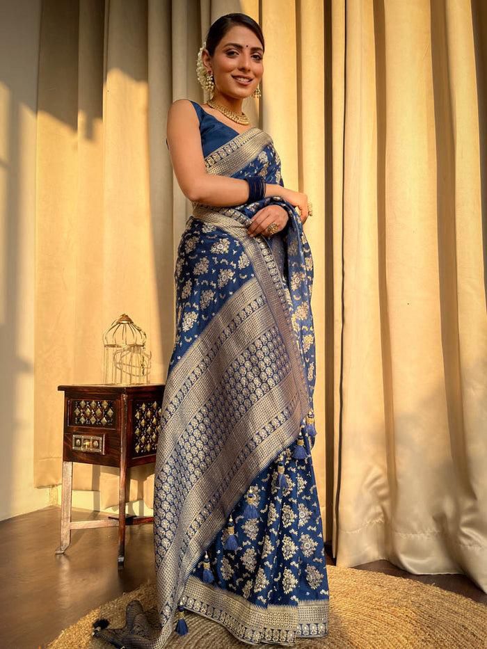 Opulent Navy Blue Soft Silk Saree With Radiant Blouse Piece - Shop authentic Indian Women's Fashion by Silk Folks
