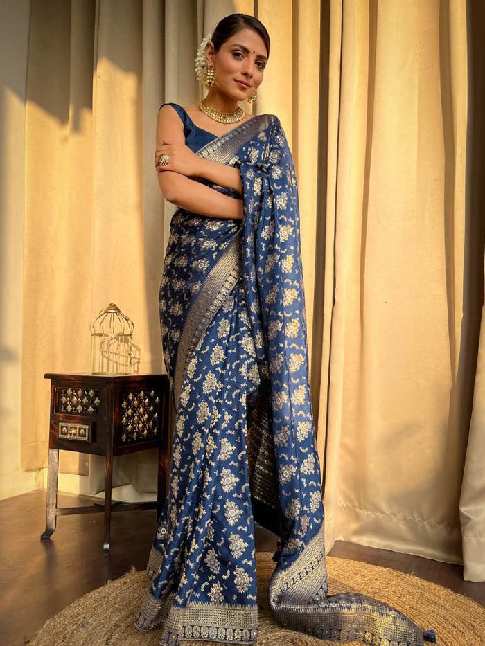 Opulent Navy Blue Soft Silk Saree With Radiant Blouse Piece - Shop authentic Indian Women's Fashion by Silk Folks