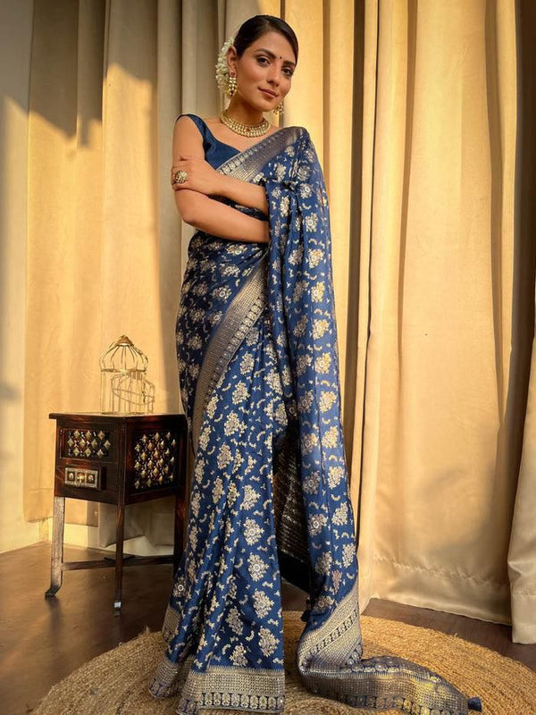 Opulent Navy Blue Soft Silk Saree With Radiant Blouse Piece - Shop authentic Indian Women's Fashion by Silk Folks