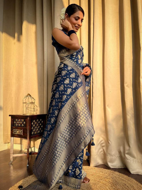 Opulent Navy Blue Soft Silk Saree With Radiant Blouse Piece - Shop authentic Indian Women's Fashion by Silk Folks