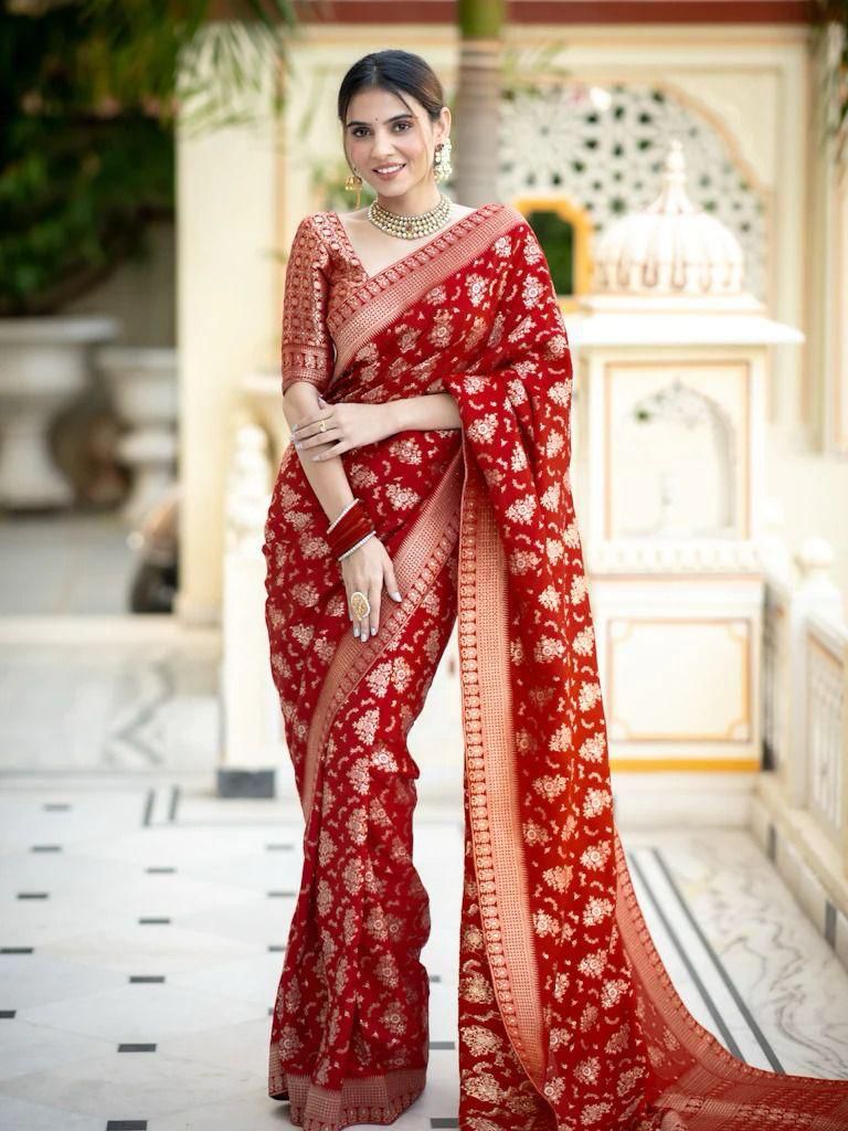 Enigmatic Red Soft Silk Saree With Splendorous Blouse Piece - Shop authentic Indian Women's Fashion by Silk Folks