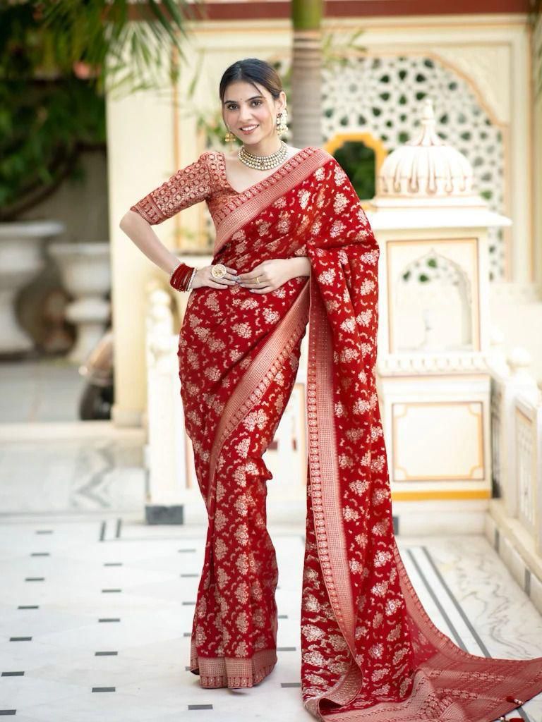 Enigmatic Red Soft Silk Saree With Splendorous Blouse Piece - Shop authentic Indian Women's Fashion by Silk Folks