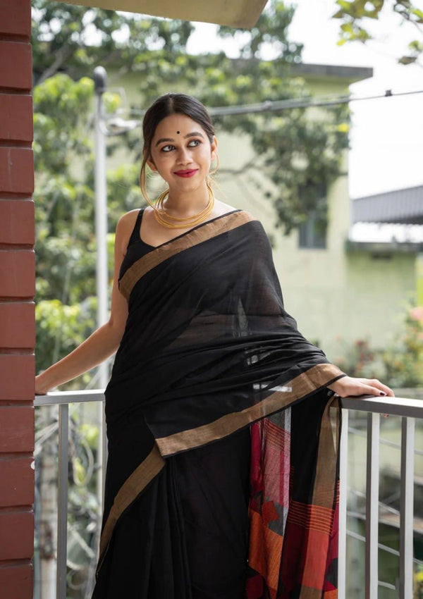 Quintessential Black Cotton Silk Saree With Fugacious Blouse Piece - Shop authentic Indian Women's Fashion by Silk Folks