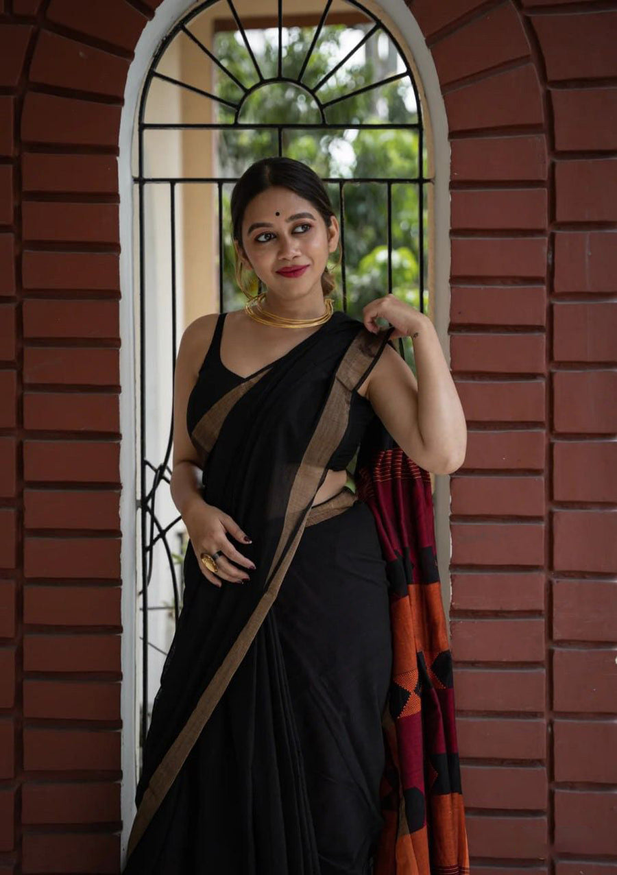 Quintessential Black Cotton Silk Saree With Fugacious Blouse Piece - Shop authentic Indian Women's Fashion by Silk Folks