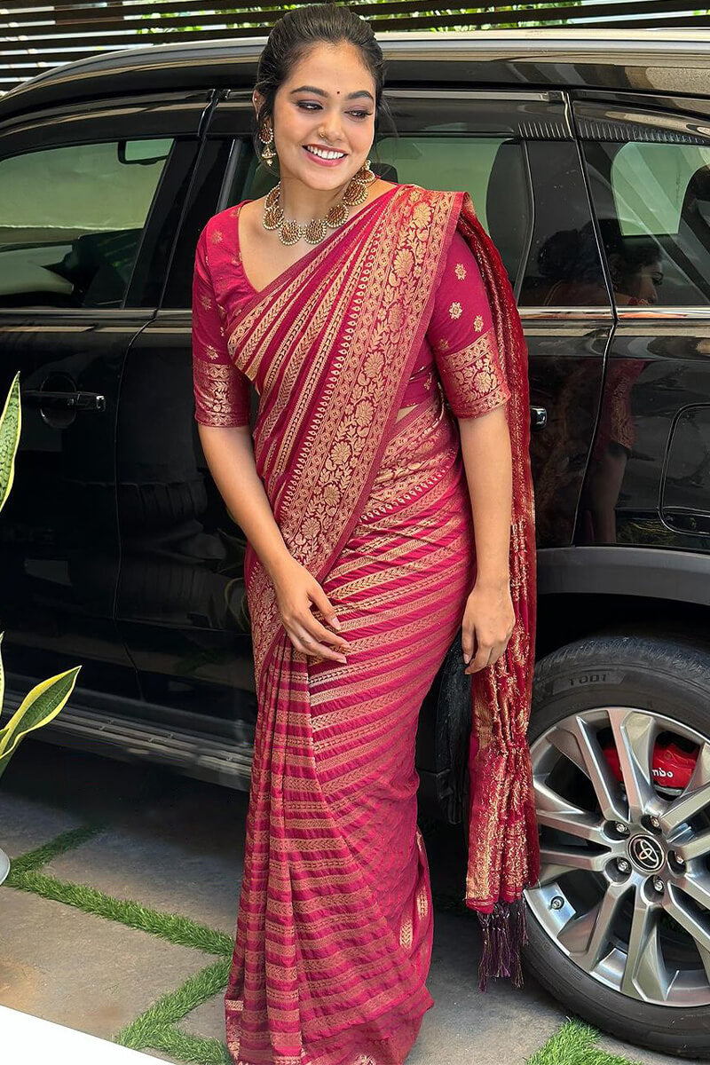 Assemblage Dark Pink Soft Silk Saree With Flaunt Blouse Piece - Shop authentic Indian Women's Fashion by Silk Folks