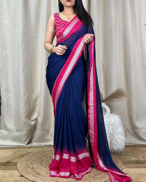 Amazing Navy Blue Digital Printed Chiffon Saree With Radiant Blouse Pi - Shop authentic Indian Women's Fashion by Silk Folks