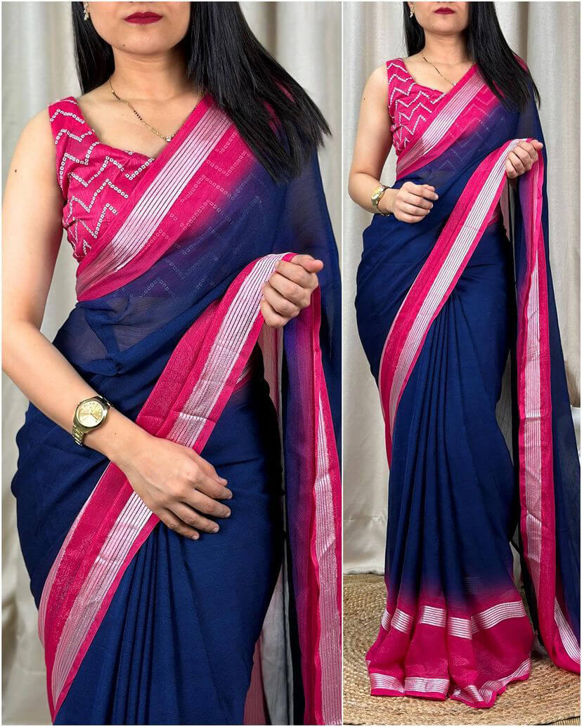 Amazing Navy Blue Digital Printed Chiffon Saree With Radiant Blouse Pi - Shop authentic Indian Women's Fashion by Silk Folks