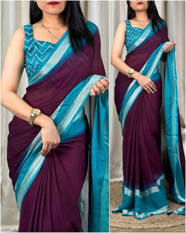Desiring Wine Digital Printed Chiffon Saree With Radiant Blouse Piece - Shop authentic Indian Women's Fashion by Silk Folks