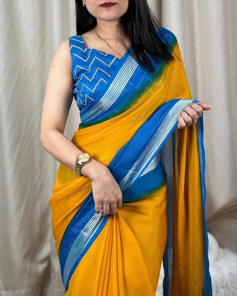 Captivating Yellow Digital Printed Chiffon Saree With Supernal Blouse  - Shop authentic Indian Women's Fashion by Silk Folks