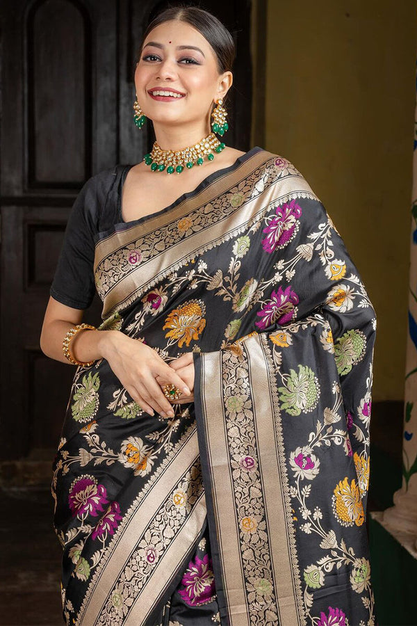 Admirable Black Soft Silk Saree With Assemblage Blouse Piece - Shop authentic Indian Women's Fashion by Silk Folks