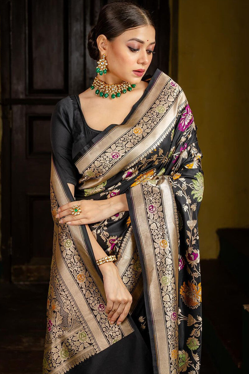 Admirable Black Soft Silk Saree With Assemblage Blouse Piece - Shop authentic Indian Women's Fashion by Silk Folks