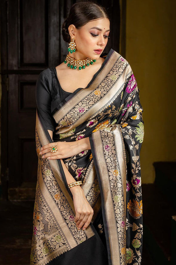 Admirable Black Soft Silk Saree With Assemblage Blouse Piece - Shop authentic Indian Women's Fashion by Silk Folks