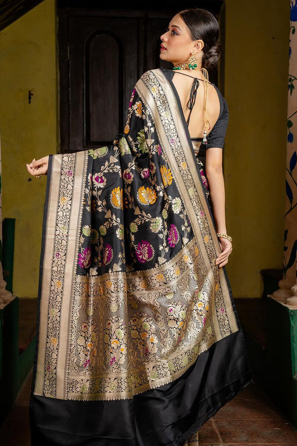 Admirable Black Soft Silk Saree With Assemblage Blouse Piece - Shop authentic Indian Women's Fashion by Silk Folks