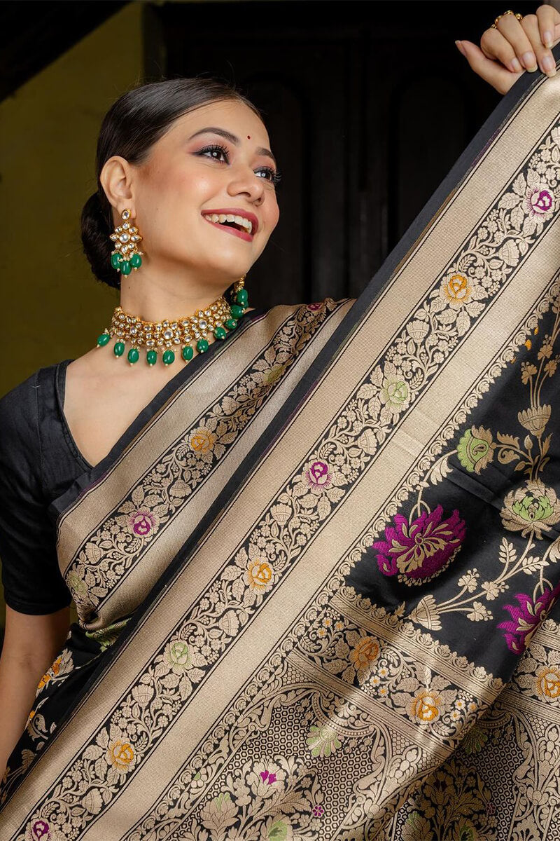 Admirable Black Soft Silk Saree With Assemblage Blouse Piece - Shop authentic Indian Women's Fashion by Silk Folks