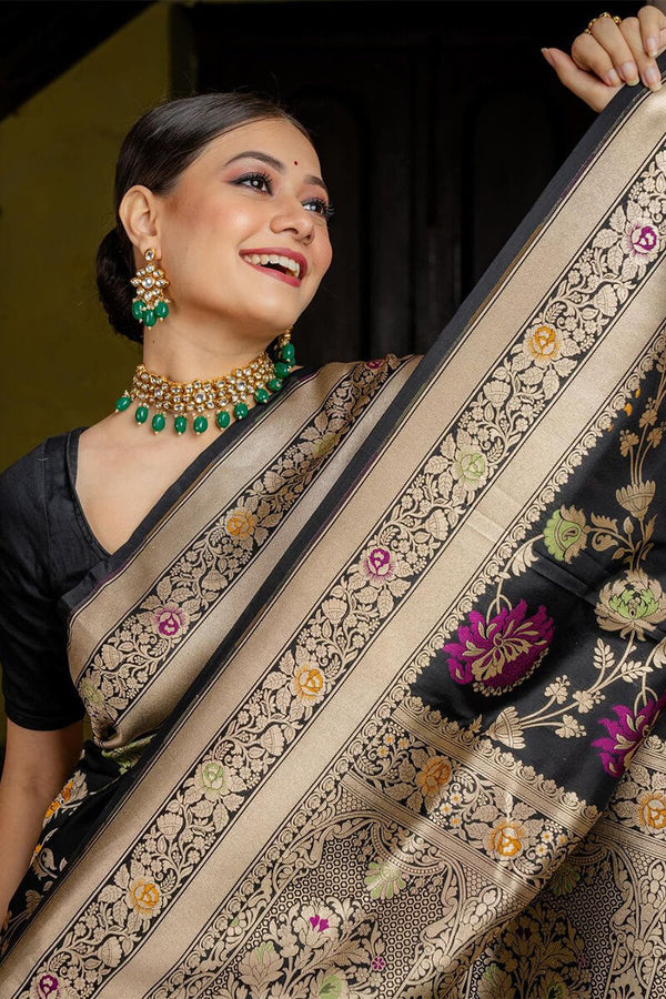 Admirable Black Soft Silk Saree With Assemblage Blouse Piece - Shop authentic Indian Women's Fashion by Silk Folks