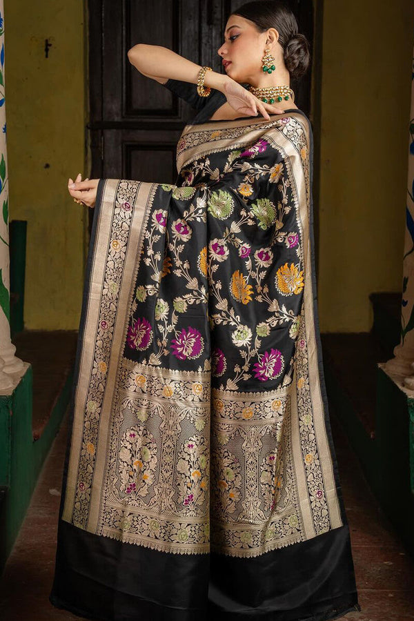 Admirable Black Soft Silk Saree With Assemblage Blouse Piece - Shop authentic Indian Women's Fashion by Silk Folks