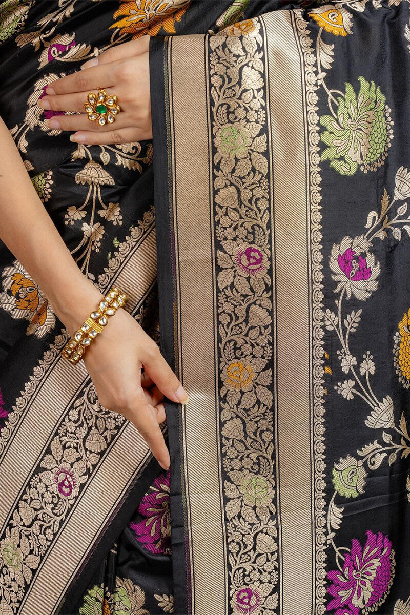 Admirable Black Soft Silk Saree With Assemblage Blouse Piece - Shop authentic Indian Women's Fashion by Silk Folks