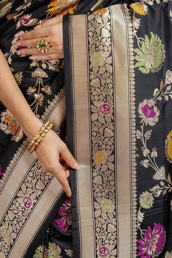 Admirable Black Soft Silk Saree With Assemblage Blouse Piece - Shop authentic Indian Women's Fashion by Silk Folks
