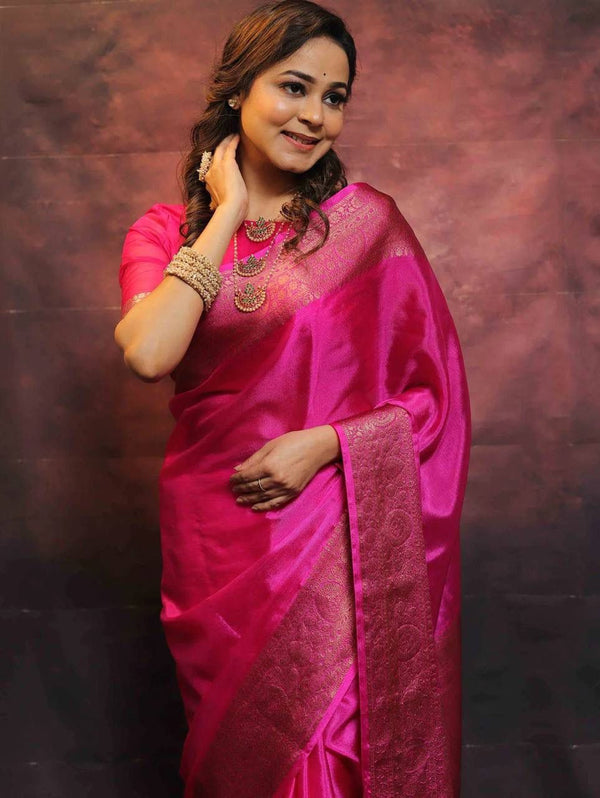 Felicitous Dark Pink Soft Silk Saree With Enchanting Blouse Piece - Shop authentic Indian Women's Fashion by Silk Folks