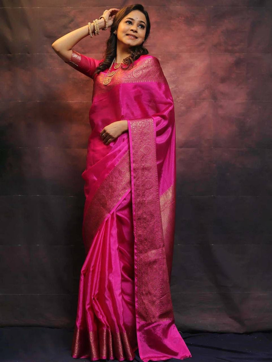 Felicitous Dark Pink Soft Silk Saree With Enchanting Blouse Piece - Shop authentic Indian Women's Fashion by Silk Folks