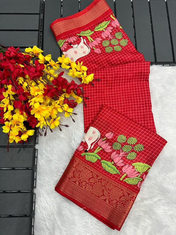 Cadmium Red Printed Dola Silk Saree - Shop authentic Indian Women's Fashion by Silk Folks