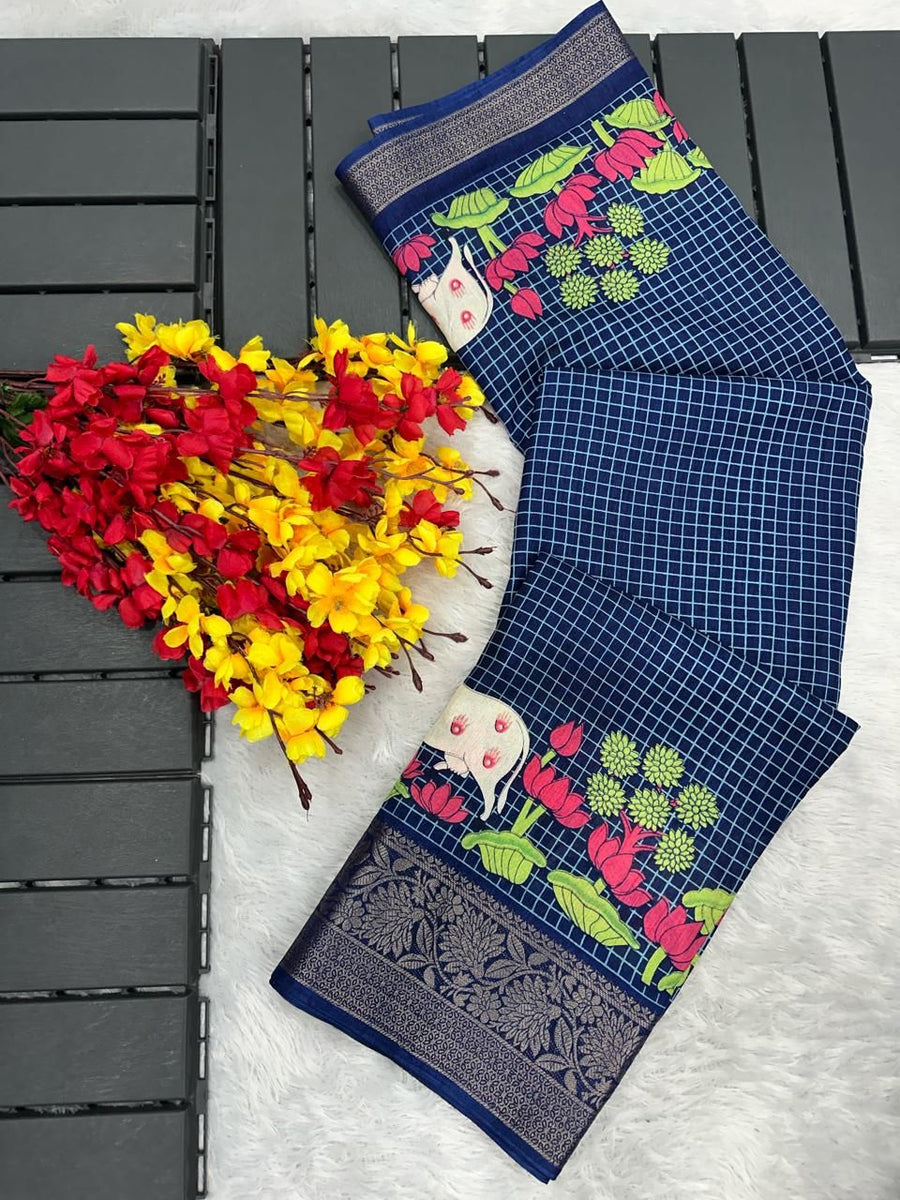 Catalina Blue Printed Dola Silk Saree - Shop authentic Indian Women's Fashion by Silk Folks