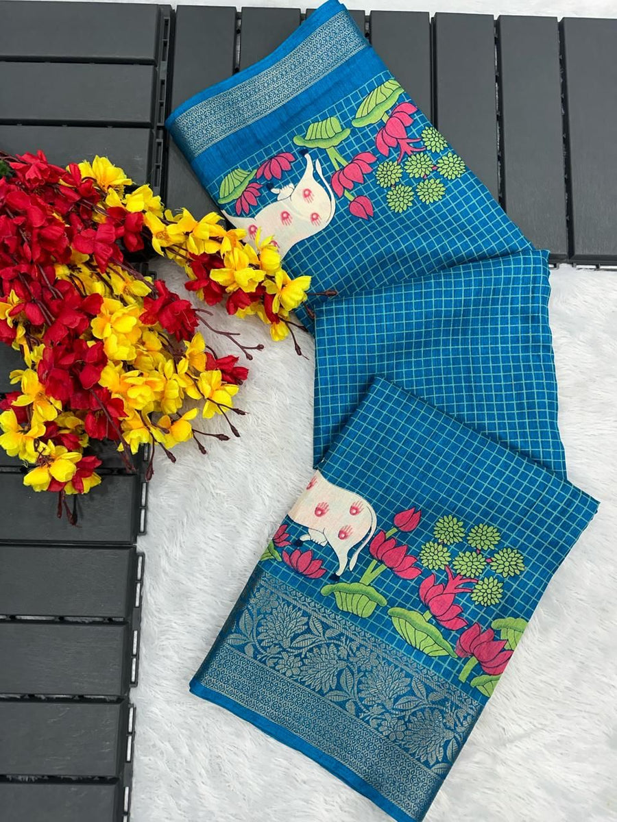 Pacific Blue Printed Dola Silk Saree - Shop authentic Indian Women's Fashion by Silk Folks