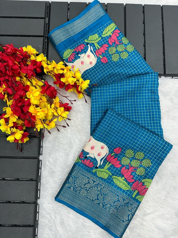 Pacific Blue Printed Dola Silk Saree - Shop authentic Indian Women's Fashion by Silk Folks