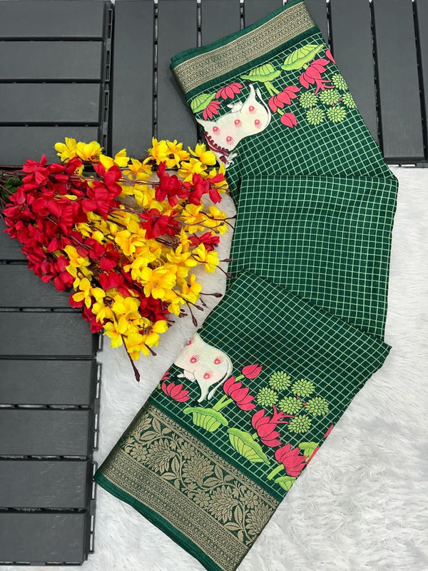 Teal Green Printed Dola Silk Saree - Shop authentic Indian Women's Fashion by Silk Folks