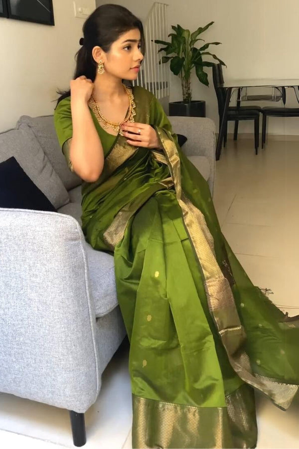 Fancifull Green Cotton Silk Saree With Hypnotic Blouse Piece - Shop authentic Indian Women's Fashion by Silk Folks