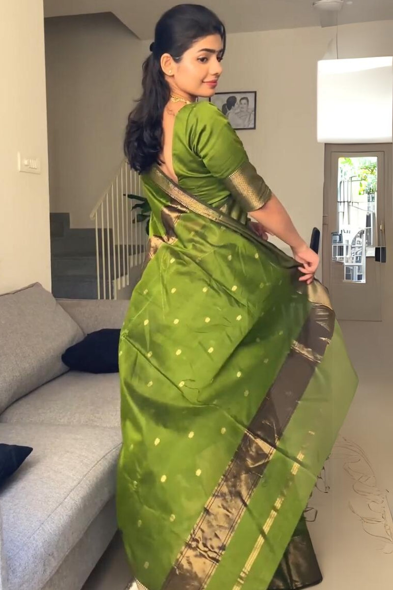 Fancifull Green Cotton Silk Saree With Hypnotic Blouse Piece - Shop authentic Indian Women's Fashion by Silk Folks