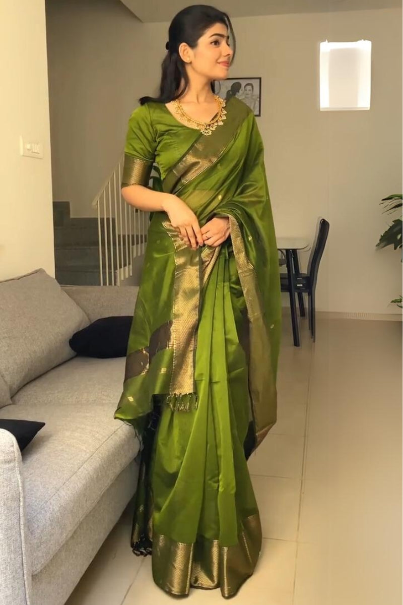 Fancifull Green Cotton Silk Saree With Hypnotic Blouse Piece - Shop authentic Indian Women's Fashion by Silk Folks