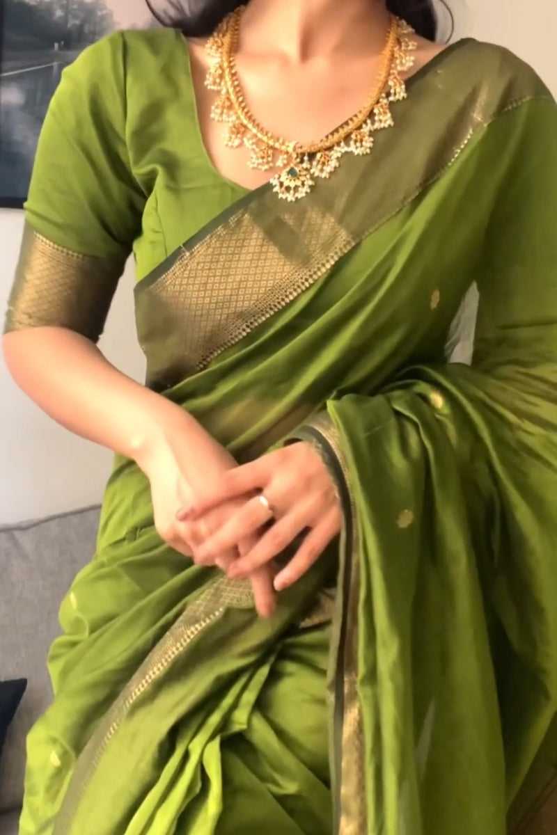 Fancifull Green Cotton Silk Saree With Hypnotic Blouse Piece - Shop authentic Indian Women's Fashion by Silk Folks