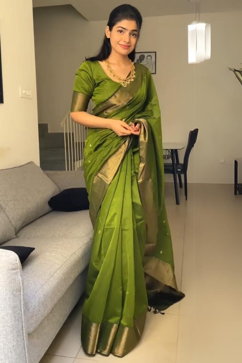 Fancifull Green Cotton Silk Saree With Hypnotic Blouse Piece - Shop authentic Indian Women's Fashion by Silk Folks